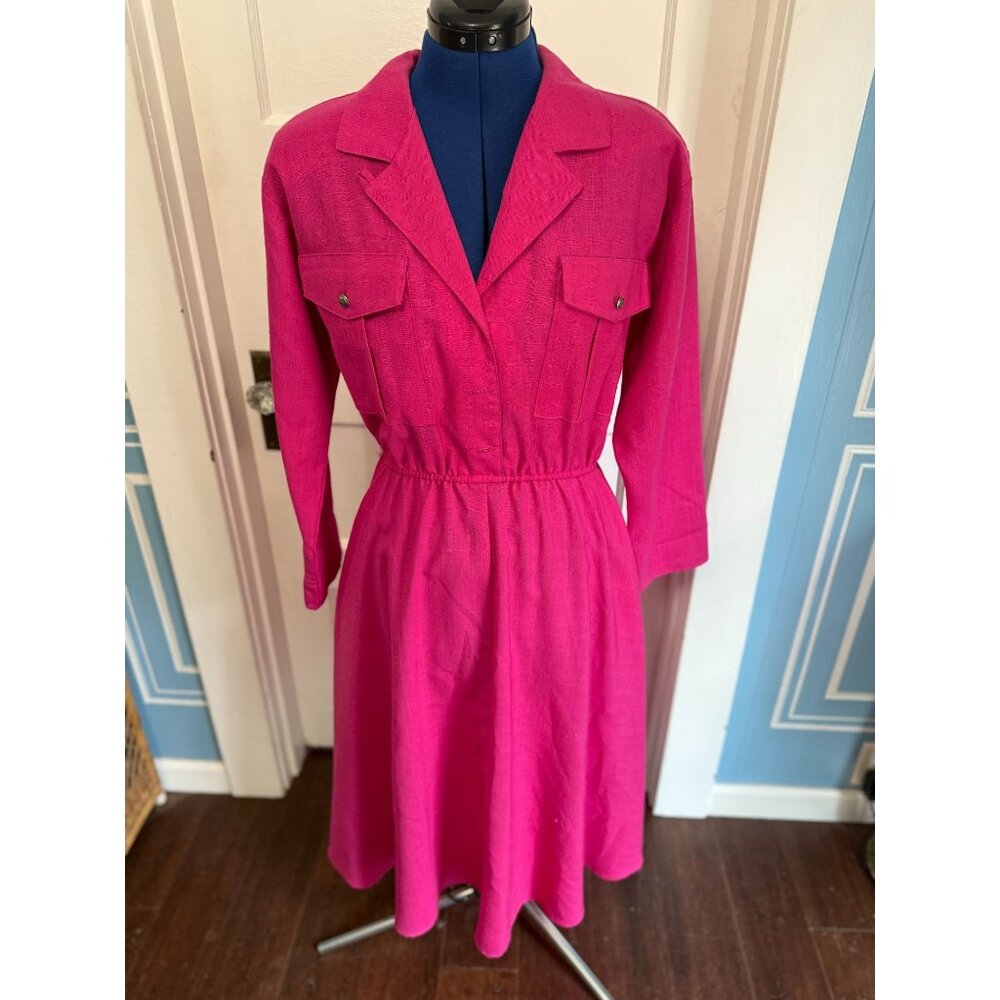 VTG 80s Hot Pink Collared Shirt L/S Secretary/Work Midi Dress - MD